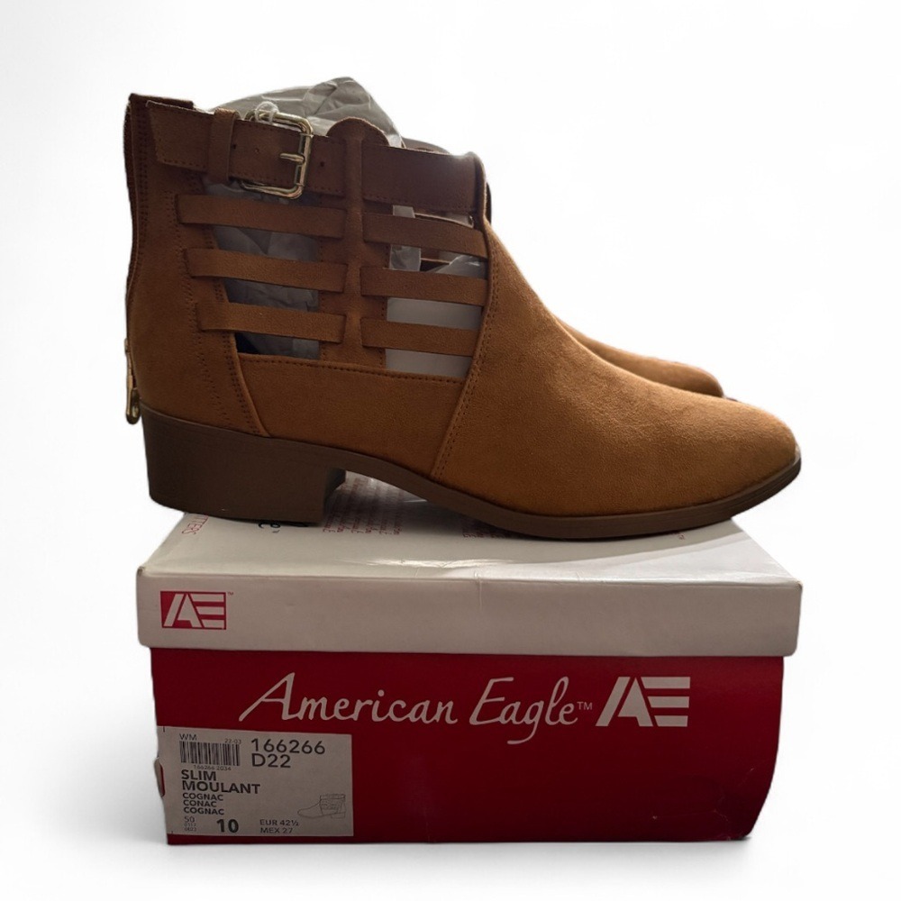 American Eagle Slim Cognac Faux Suede Cage Cutout Ankle Boots Size 10